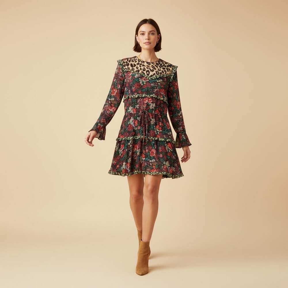 Scotch & Soda Maison Scotch Mixed Print Floral Leopard Mini Dress XS 1 Viscose